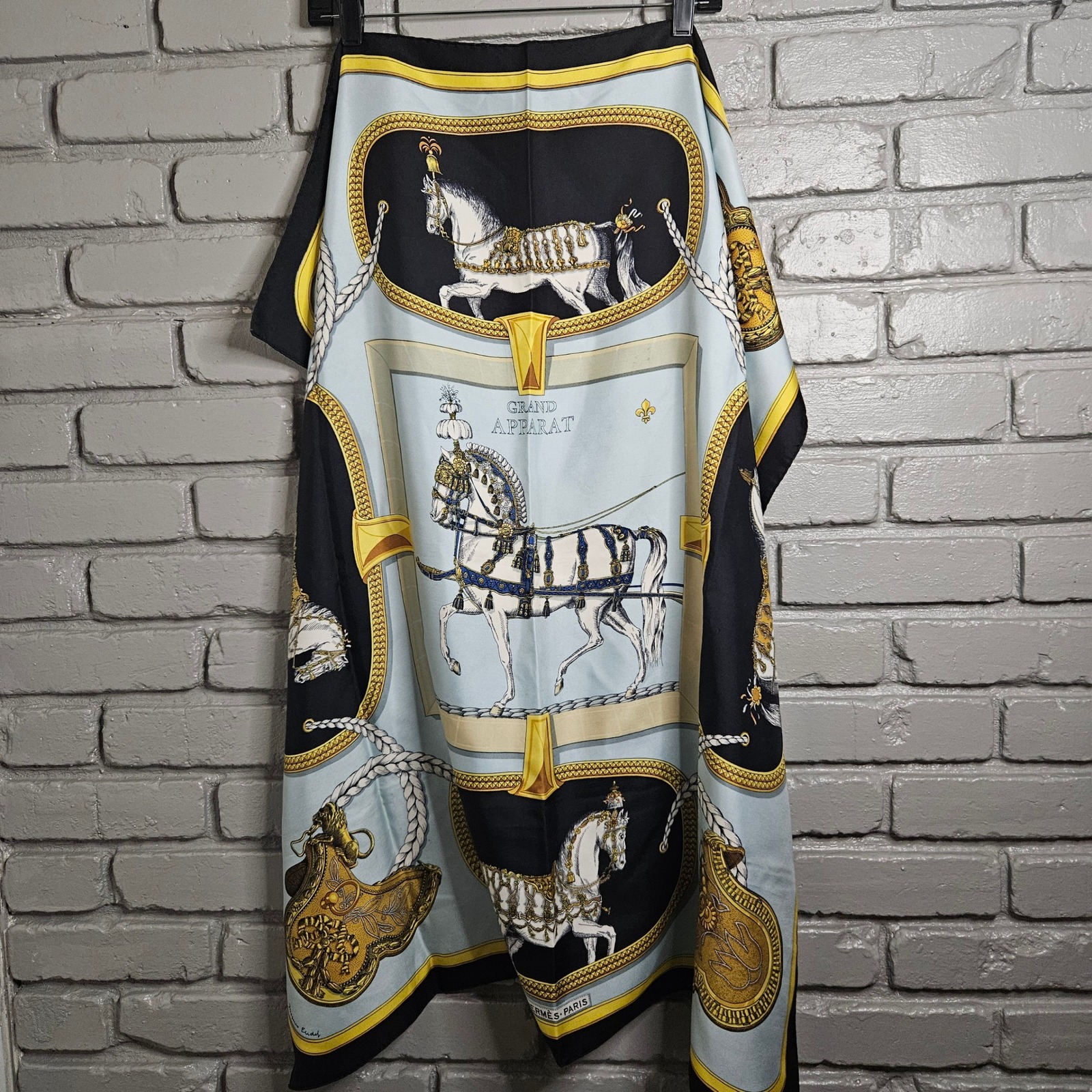 Hermes Grand Apparat Silk Scarf Jacques Eudel Blue Black Gold Equestrian 16.5in